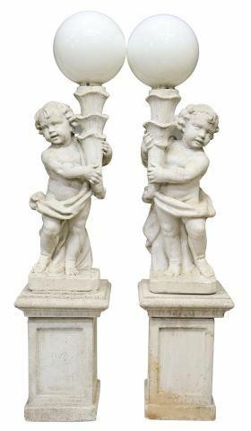 Appraisal: pair Cast stone garden post lamps late th c each