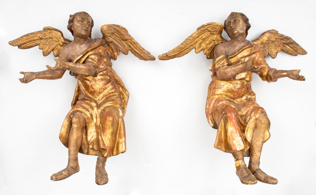 Appraisal: BAROQUE CARVED WOOD ANGEL SCULPTURES PR European Baroque pair of