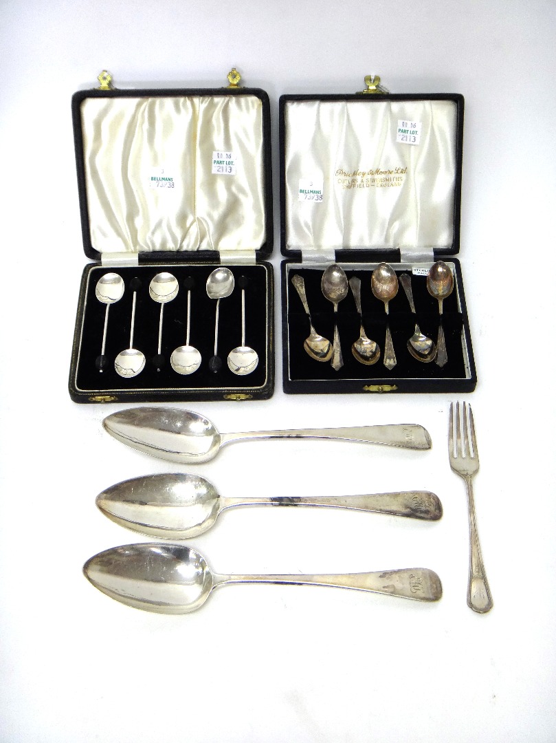 Appraisal: Silver flatware comprising three George III Old English pattern tablespoons