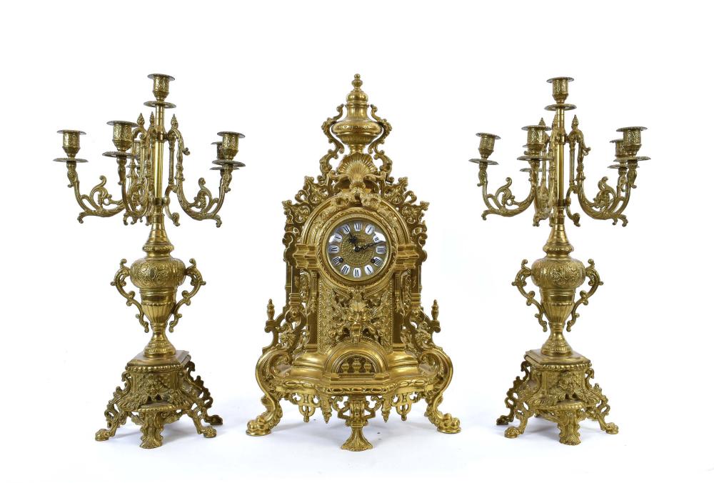 Appraisal: ITALIAN IMPERIAL THREE PC BRASS CLOCK SET th Century The