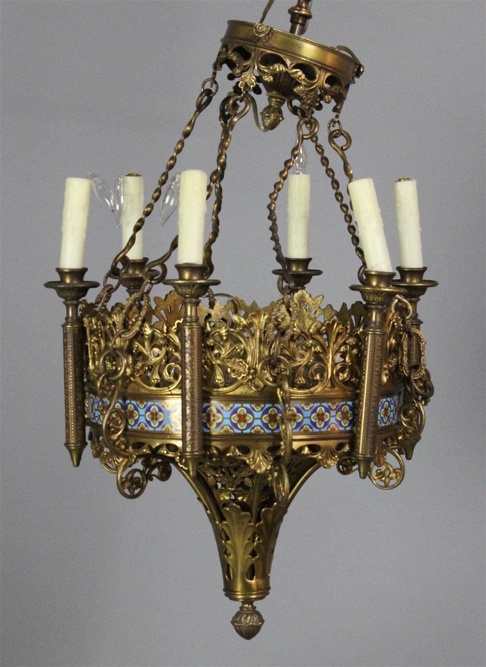 Appraisal: RENAISSANCE REVIVAL GILT BRONZE AND ENAMELED TWELVE LIGHT CHANDELIER late