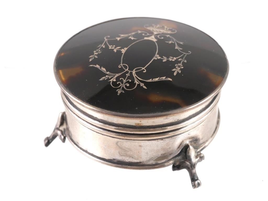 Appraisal: Sterling silver footed trinket box with tortoise shell lid inlaid