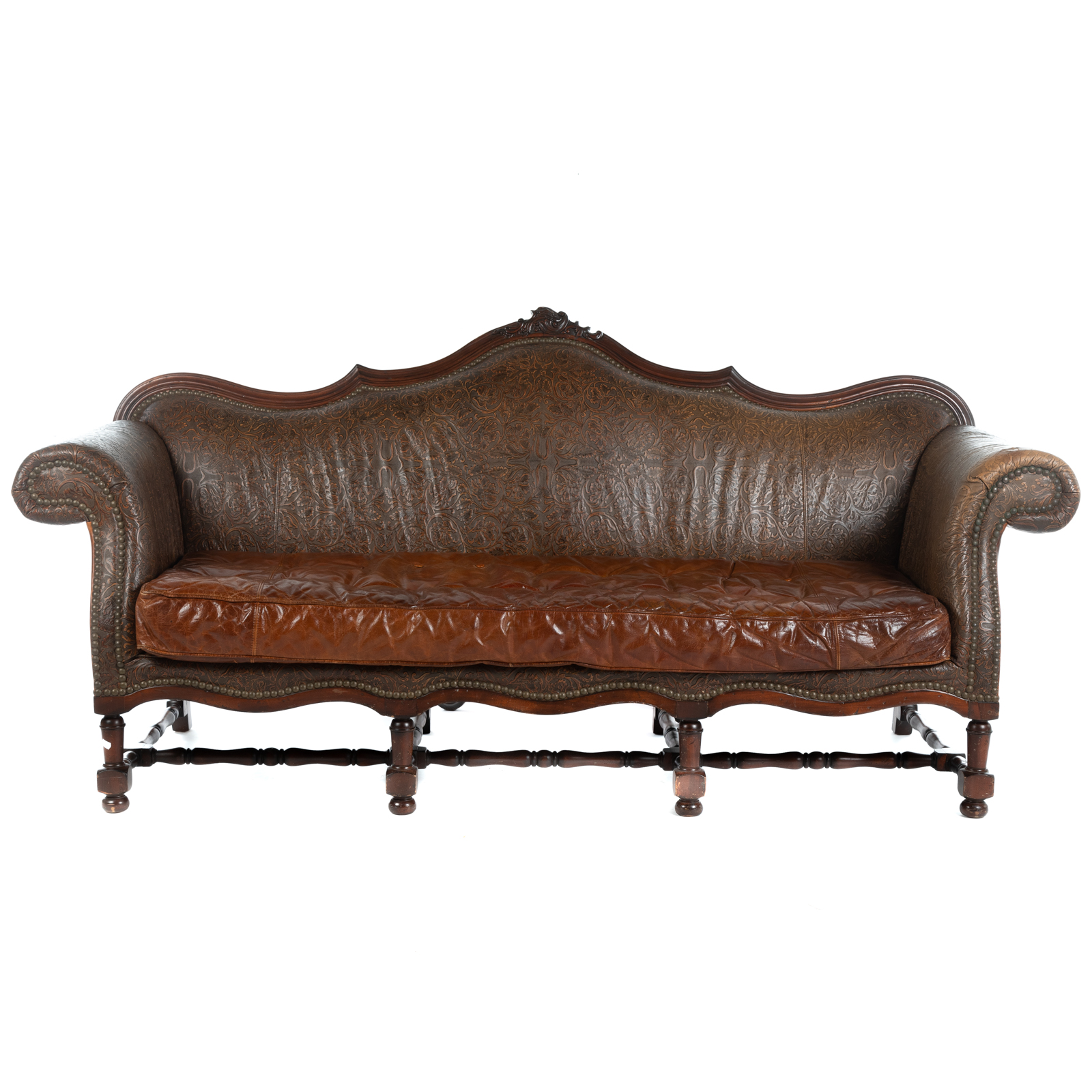 Appraisal: OLD HICKORY TANNERY TOOLED LEATHER SOFA th century carved wood