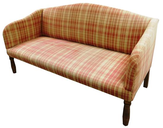 Appraisal: Camelback sofa covered in red and white plaid upholstery rolled