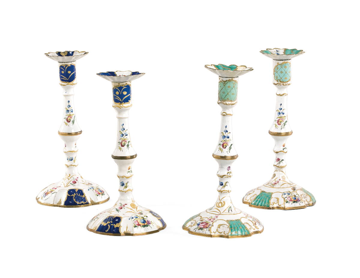 Appraisal: PAIR OF BILSTON ENAMEL CANDLESTICKS CIRCA Height inches