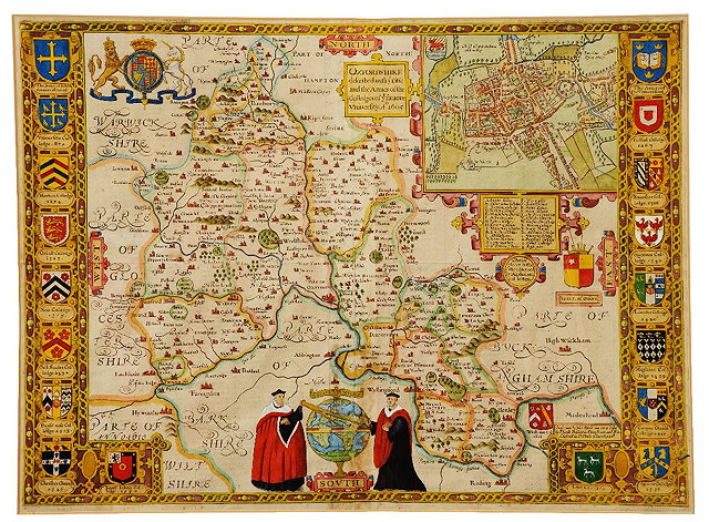 Appraisal: JOHN SPEED'Oxfordshire' double-page engraving hand-coloured with vignette aerial plan of