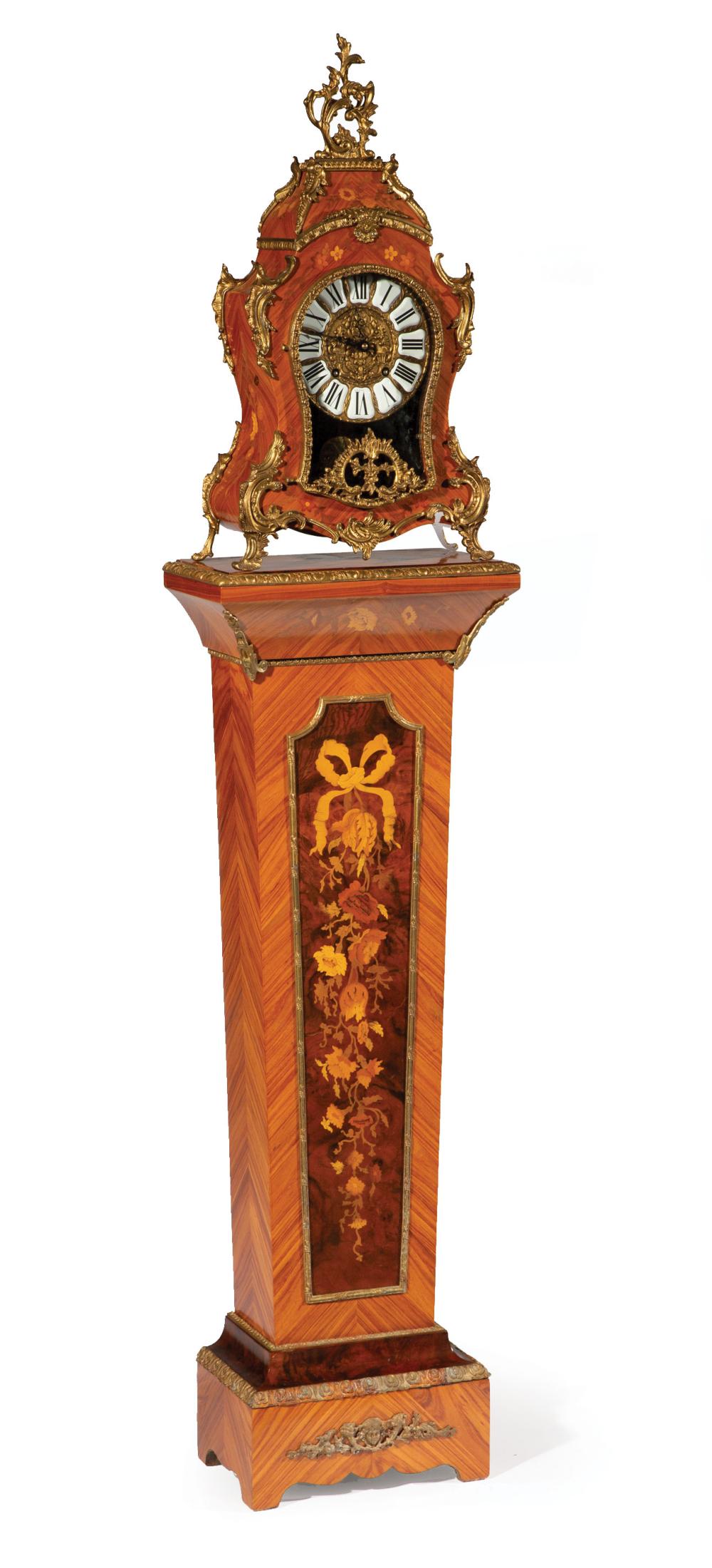 Appraisal: Louis XVI-Style Bronze-Mounted Parquetry and Marquetry Bracket Clock on Pedestal