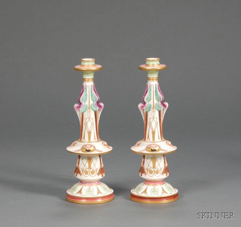 Appraisal: Pair of Royal Worcester Porcelain Candlesticks England gilded and enameled