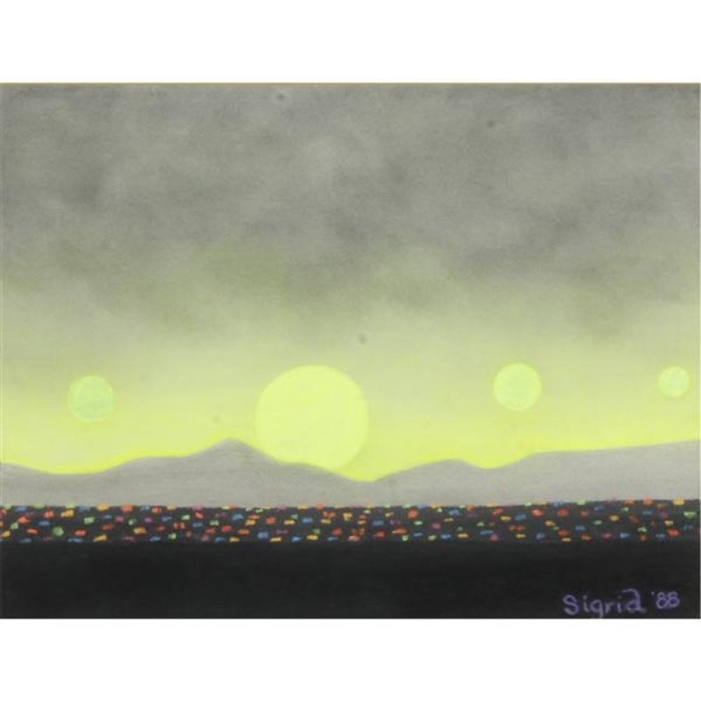 Appraisal: SIGRID AMERICAN TH CENTURY FUTURISTIC SCENE WITH FOUR SETTING SUNS