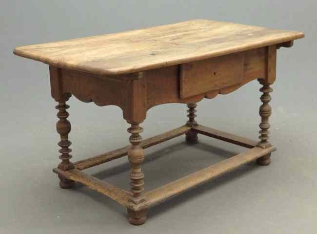 Appraisal: Early Continental single drawer stretcher base pin top table Top