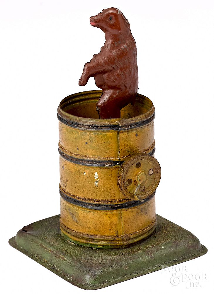 Appraisal: Dancing bear in a barrel steam toy accessory Painted tin