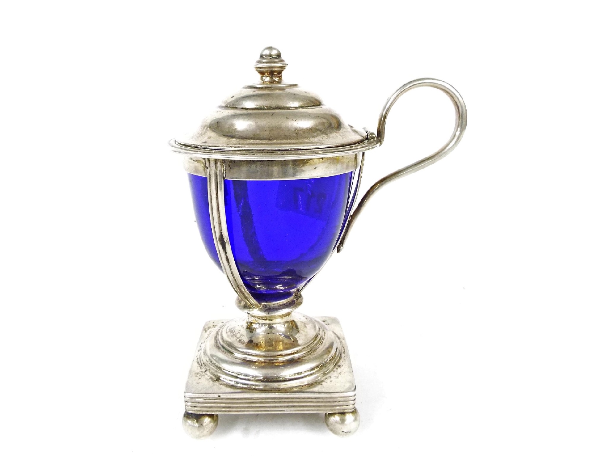 Appraisal: Silver plated mustard pot with blue glass lined bowl high