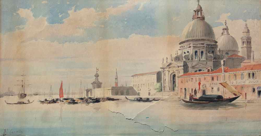 Appraisal: VENETIAN CANAL PAINTING SIGNED CANELLA Watercolor sight size '' x