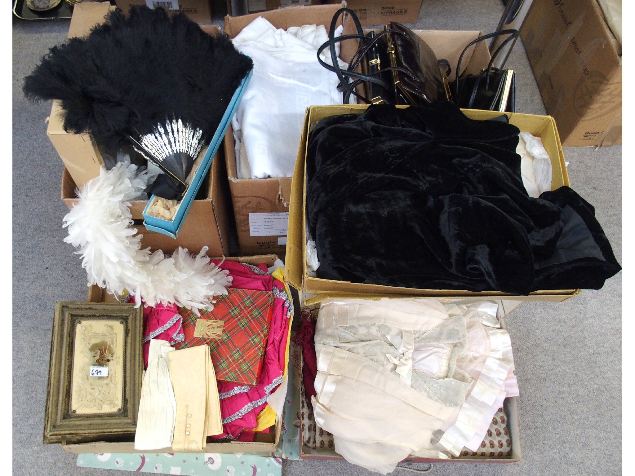 Appraisal: Three boxes comprising vintage ladies' handbags table linens vintage clothing