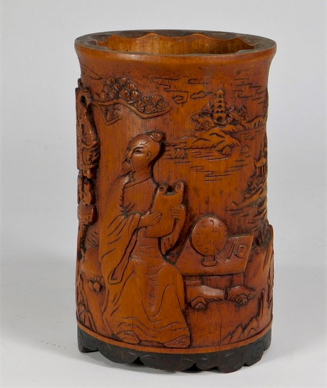 Appraisal: Chinese Carved Bamboo Landscape Brush Pot China Republic Period Decorated