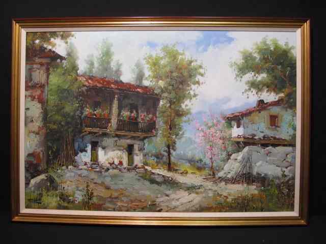 Appraisal: Oil on canvas framed village scene painting Signed J Sosa