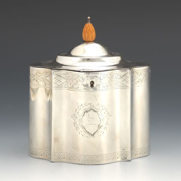 Appraisal: GEORGE III ENGLISH STERLING SILVER ARMORIAL TEA CADDY SHEFFIELD DATED