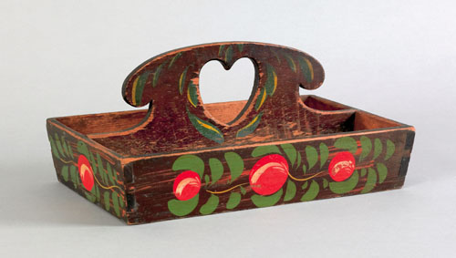 Appraisal: American tole decorated cutlery box th c with vibrant red