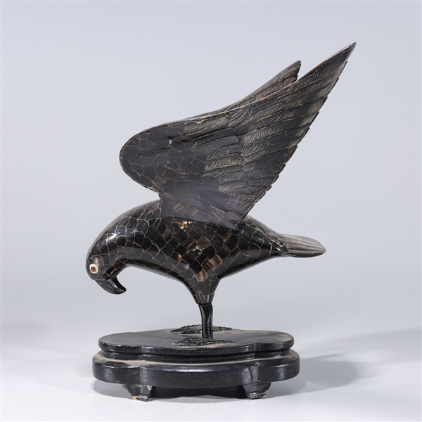 Appraisal: Chinese carved wood hawk statue on base with intricately incised