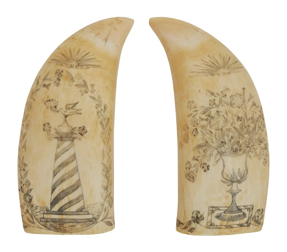 Appraisal: PAIR OF SCRIMSHAW WHALE'S TEETH WITH FLORAL DESIGNS TH CENTURY