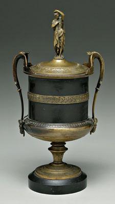 Appraisal: Bronze urn cylindrical body with bands of decoration bearded masks