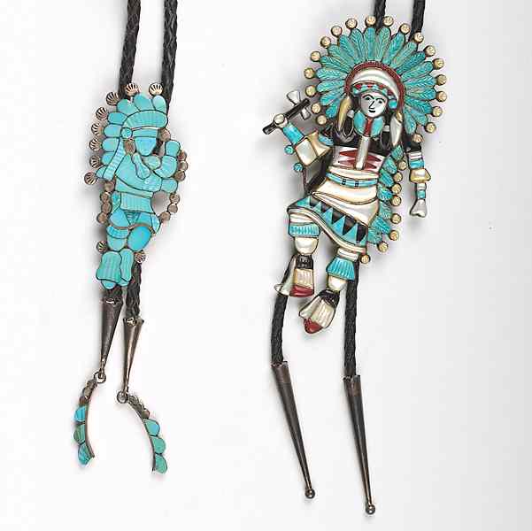 Appraisal: Zuni Turquoise Inlay Bolos each signed one with LL other