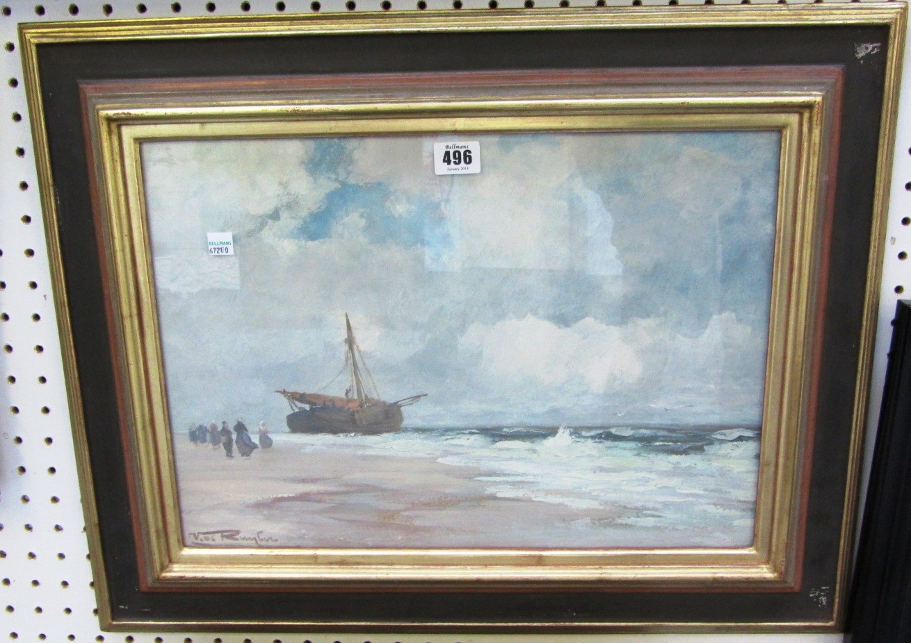 Appraisal: Victor de Ruyter - Figures and beached boats on the