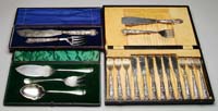 Appraisal: THREE CASED ENGLISH SERVING SETS Cased fish knife and fork