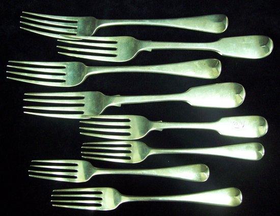 Appraisal: Two Old English pattern table forks and three dessert forks