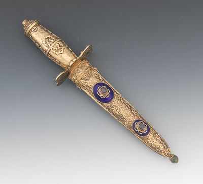 Appraisal: A Jeweled Enameled Gilt Dagger Bright cut and sculpted handle