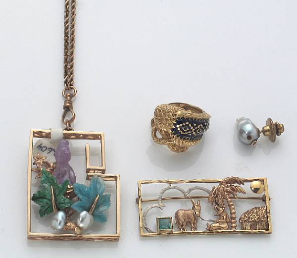 Appraisal: A collection of gem-set enamel and gold jewelry comprising one