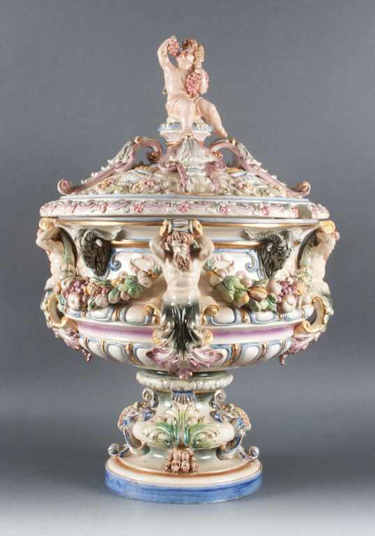 Appraisal: German Renaissance style majolica covered pedestal punch bowl late th