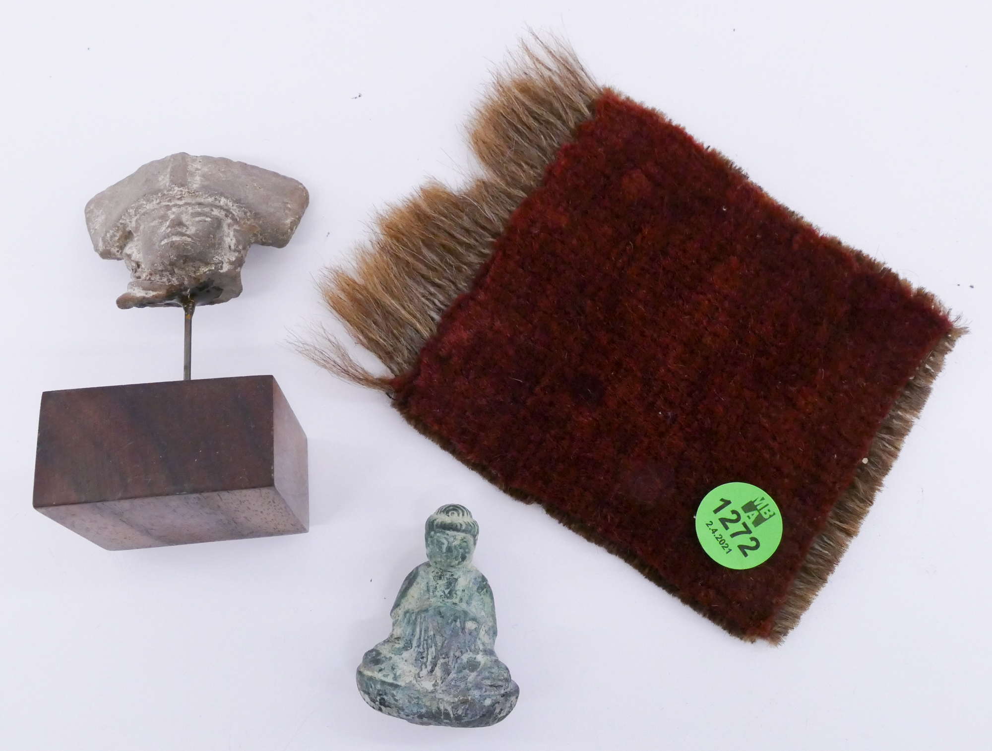 Appraisal: pc Pre-Columbian Head Shard Bronze Buddha and Tiny Carpet