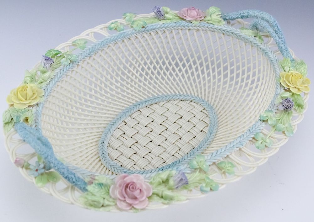 Appraisal: Belleek Irish Woven Porcelain Oval Floral Basket Signed Belleek woven