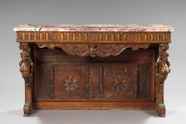 Appraisal: Italian Carved Walnut and Marble-Top Side Table mid- th century