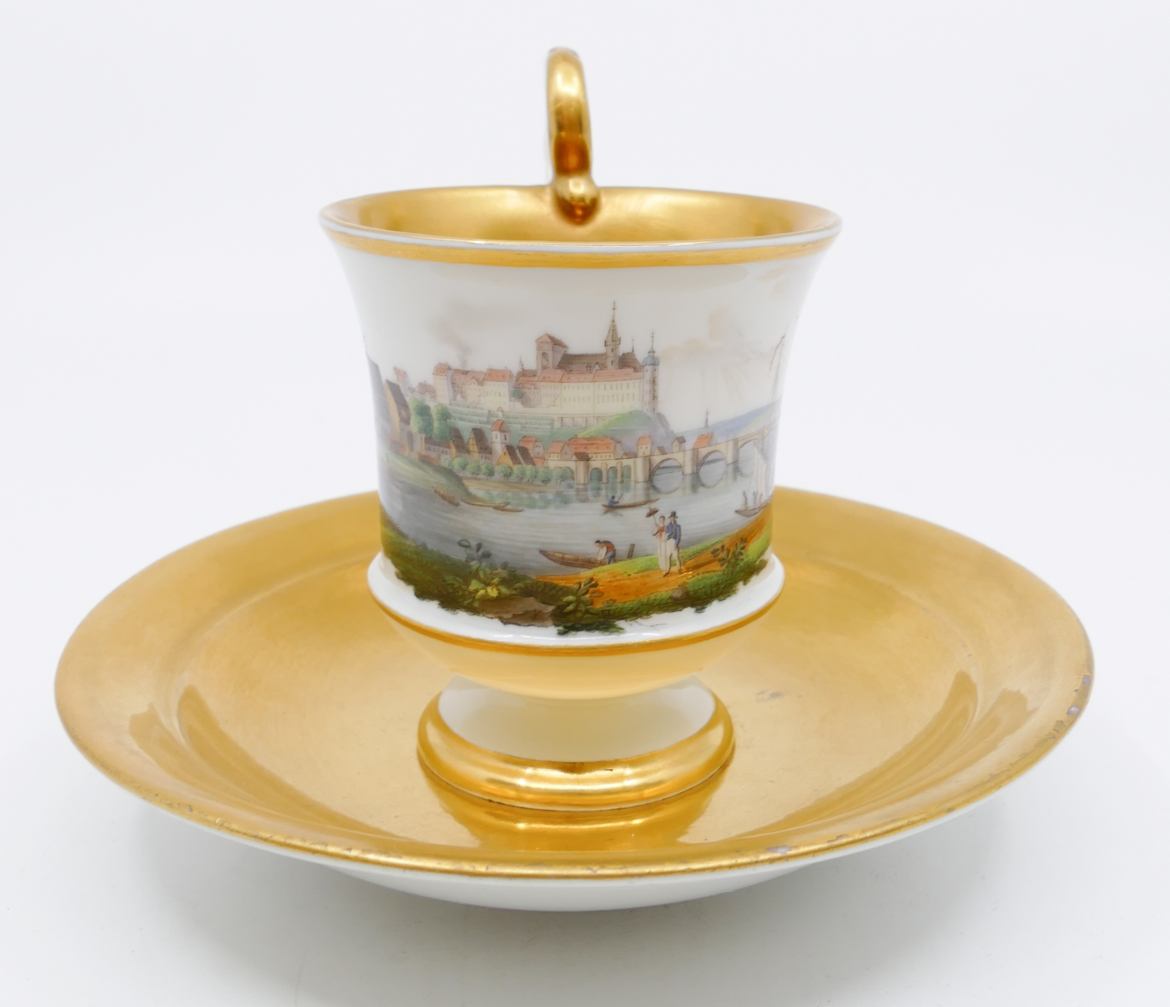 Appraisal: Meissen 'View of Meissen' Handpainted Porcelain Footed Teacup Saucer Gilt