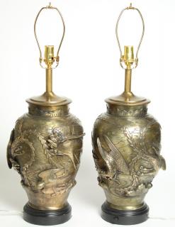 Appraisal: Pair Large Japanese Bronze Vases Mounted as Lamps Circa s