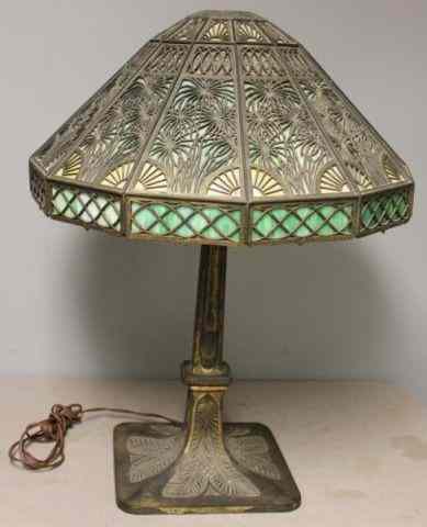 Appraisal: Large Antique Slag Glass Lamp With filigree shade Interesting label