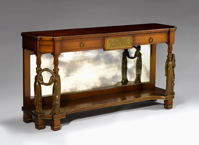 Appraisal: Empire style parquetry and gilt mahogany console table The shaped