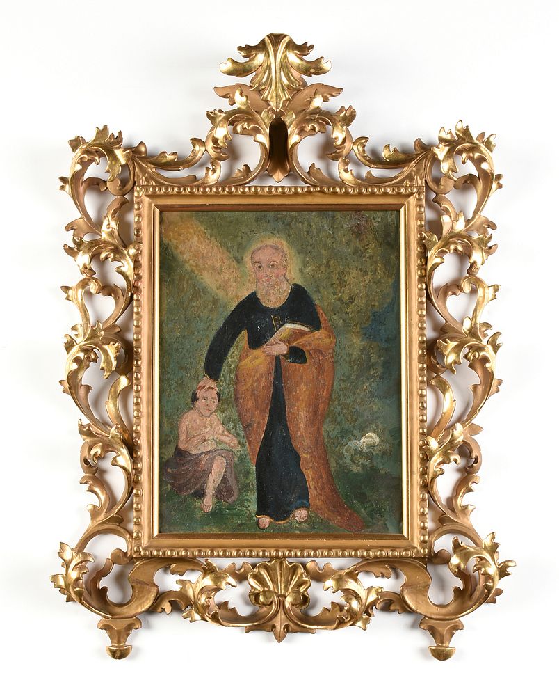 Appraisal: A SPANISH COLONIAL RETABLO Saint Peter Blessing a Child TH