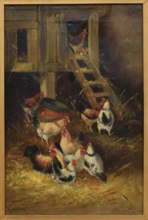 Appraisal: Framed oil on canvas painting Chicken Coop signed lower left