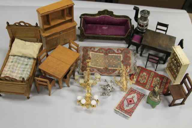 Appraisal: BOX OF MINIATURE FURNITURE Assorted furniture and accessories for a