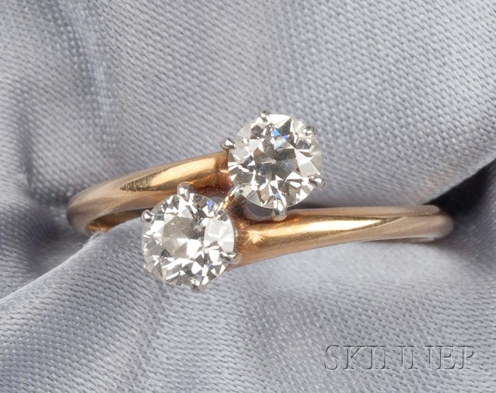 Appraisal: Antique Diamond Bypass Ring prong-set with two old European-cut diamonds