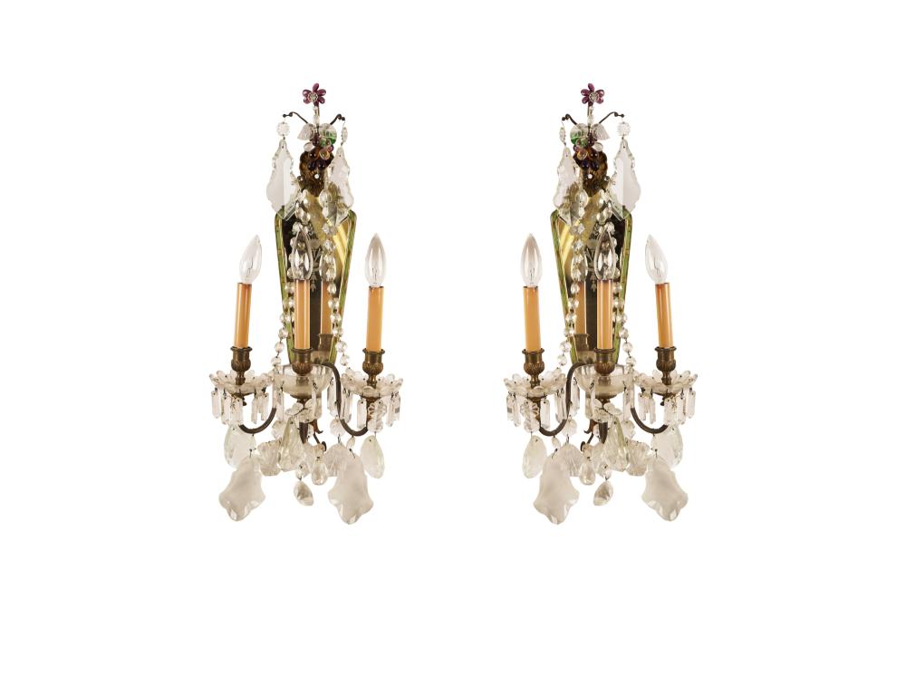 Appraisal: PAIR VENETIAN STYLE THREE-LIGHT WALL SCONCESclear and colored glass and