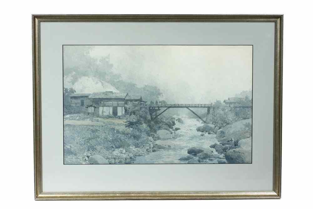 Appraisal: WATERCOLOR - River Scene with Buildings and Bridge by Hiroshi