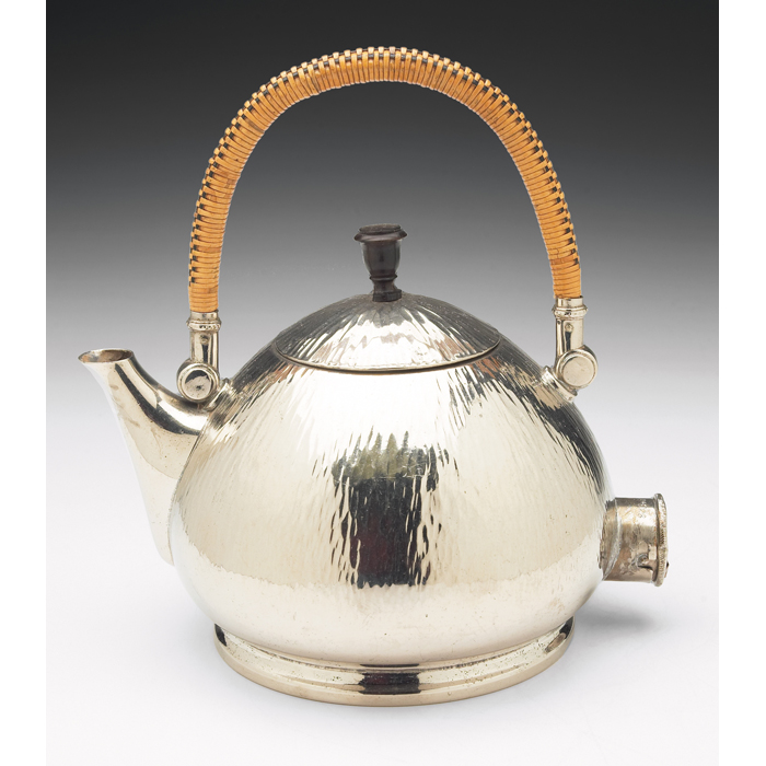 Appraisal: Peter Behrens electric kettle hammered surface rattan and wooden accents