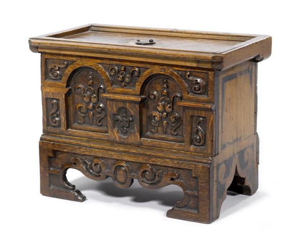 Appraisal: MINIATURE CHEST Renaissance style th c Carved softwood and walnut