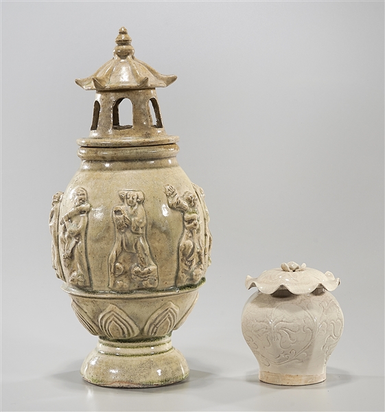 Appraisal: Two Chinese glazed ceramics including a covered vase with molded