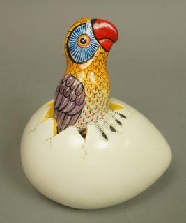 Appraisal: Signed TB Mexico Ceramic Hatching Bird Sculpture Colorful parrot hatches