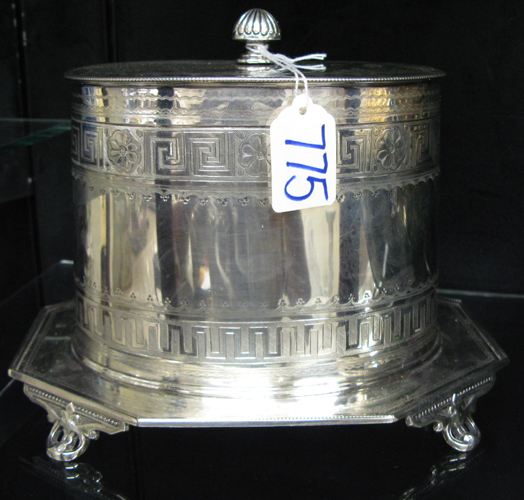 Appraisal: ENGLISH QUALITY ELECROPLATED SILVER TEA CADDY with engraved hinged lid